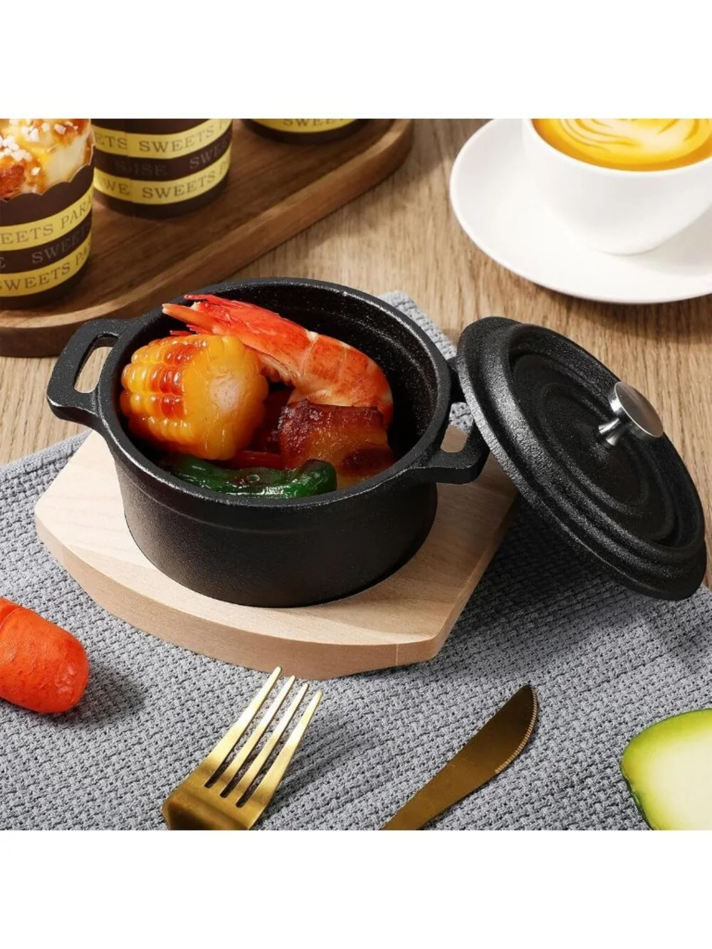 Set of 2 Pre-Seasoned 20 oz Cast Iron Dutch Ovens with Lids & Wooden Base
